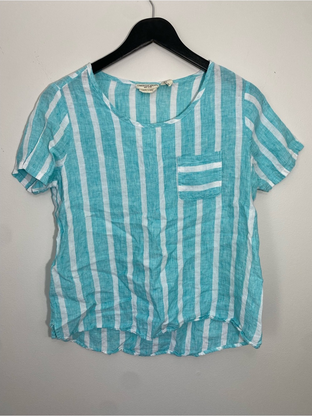 Christian Siriano Linen Aqua and White Striped Short Sleeve Top Small